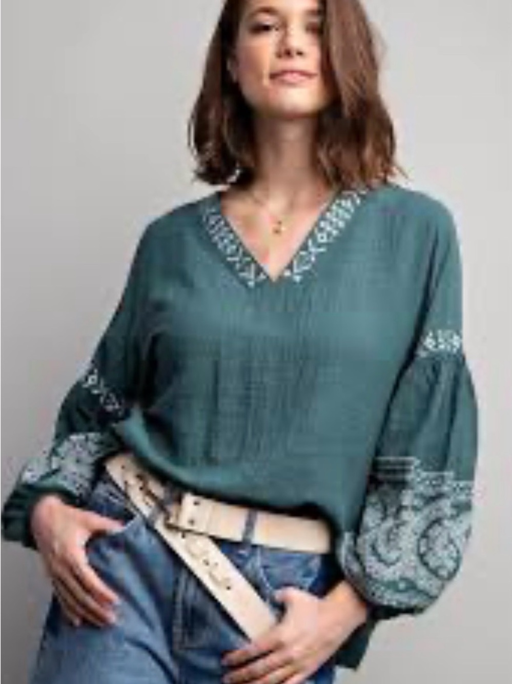 Easel Teal Green Embroidered Boho Peasant Blouse – Crinkle Cotton - Med